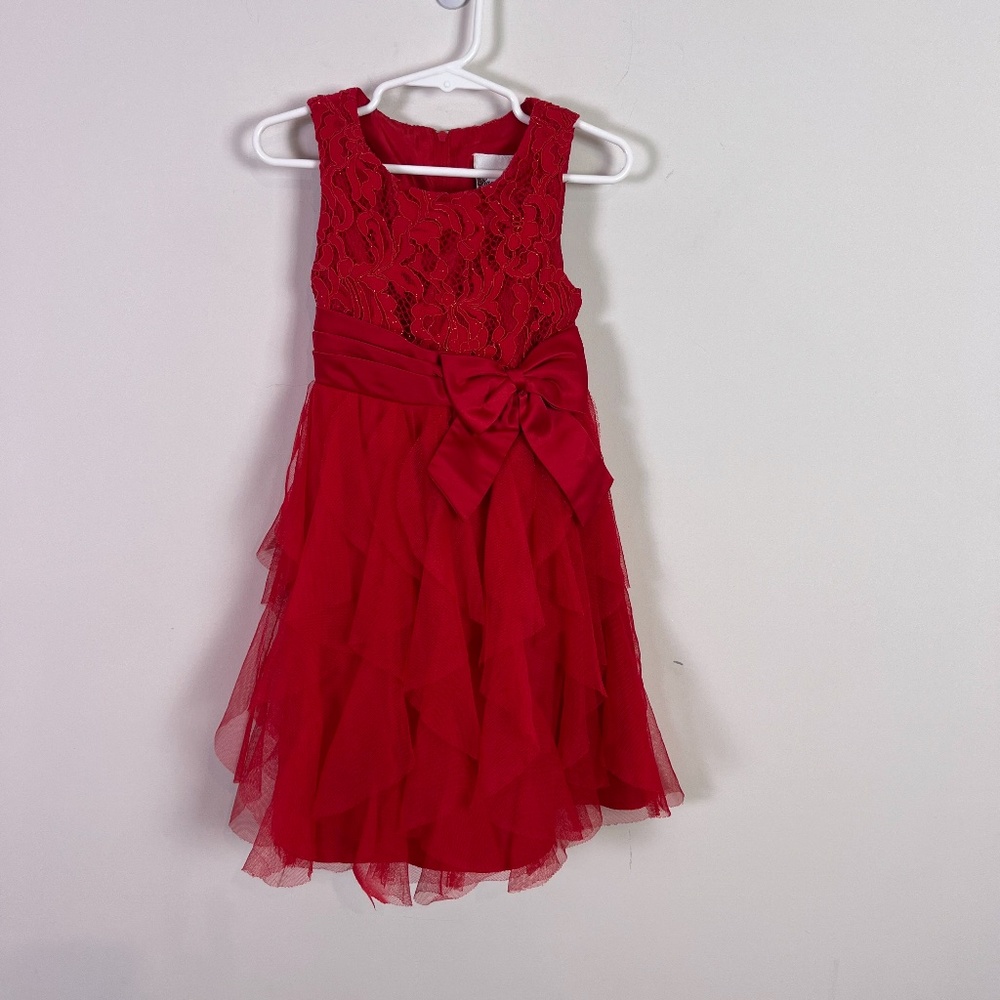 Rare Editions Girl Red Lace Ruffle Tulle Bow Sleeveless Dress Size 5 Holiday